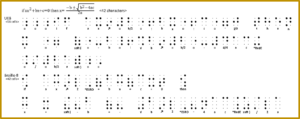 A typical 42 character algebraic equation, with superscripts and radicals, takes 59 cells when written in UEB but takes only 42 cells in Braille-8.